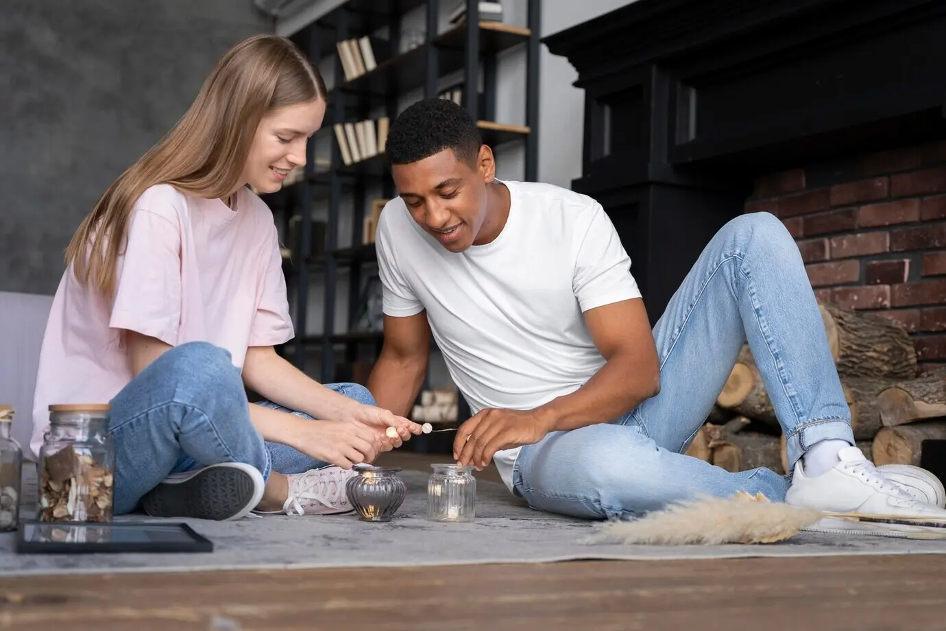 Nahaufnahme von Menschen, die das Zuhause behaglich machen.